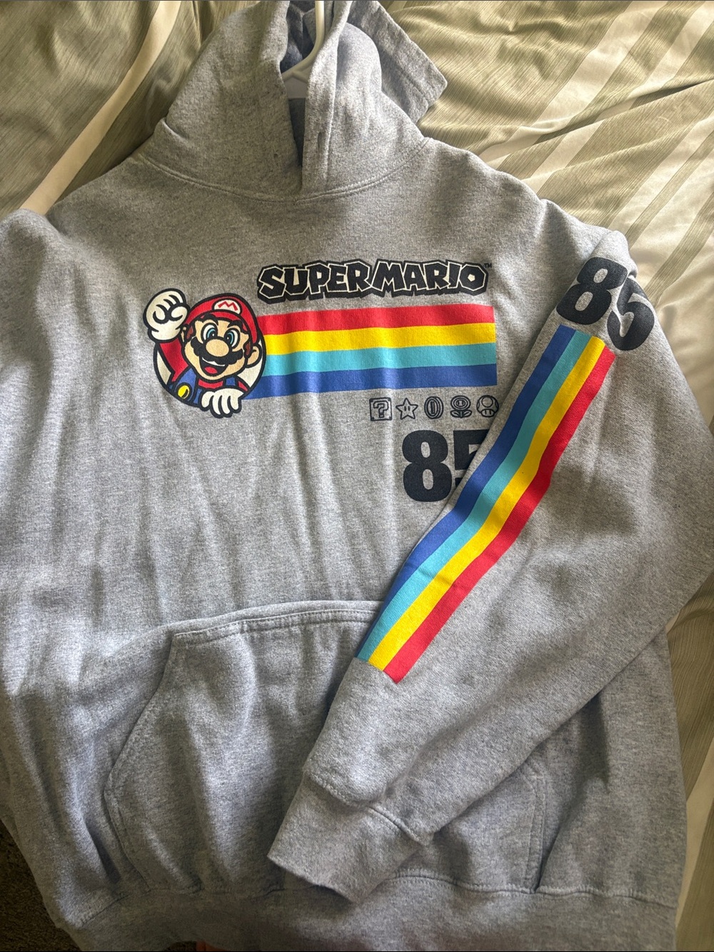 Nintendo Grey Super Mario Crewneck with Rainbow Stripe